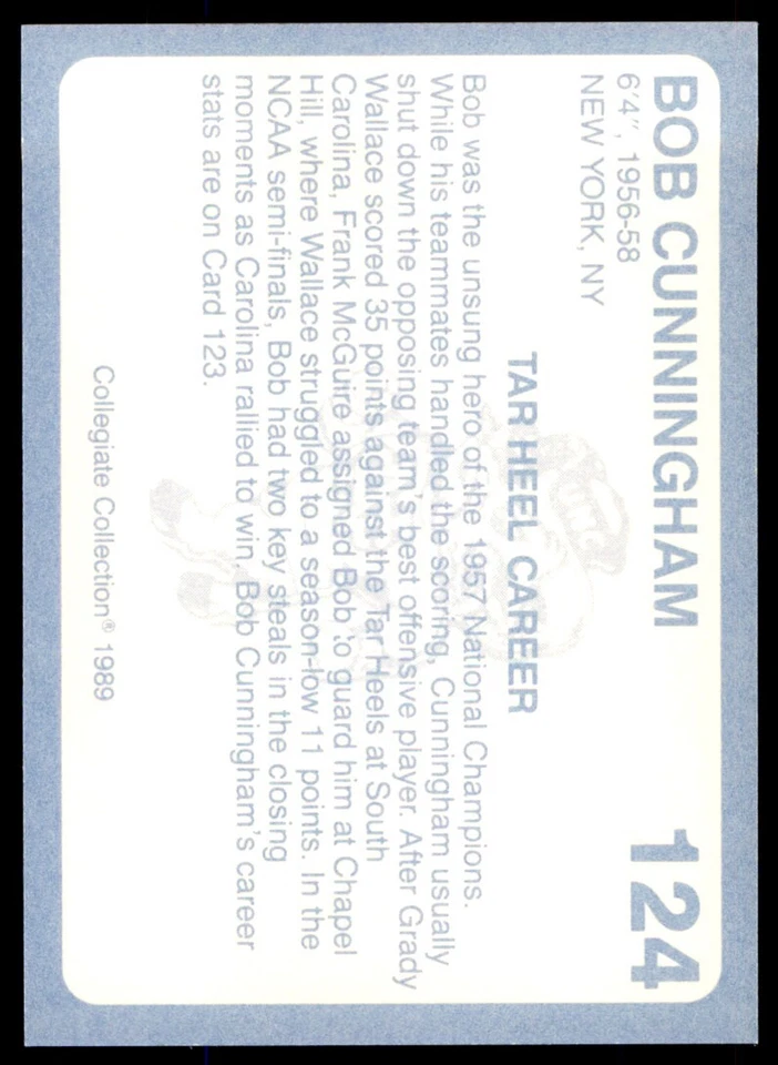 1989-90 Collegiate Collection Bob Cunningham North Carolina Tar Heels #124 - Image 2 of 2