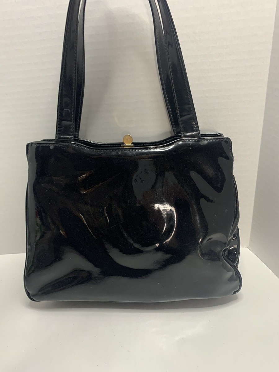 Vintage 1960's Framed Black Patent Leather Purse Handbag