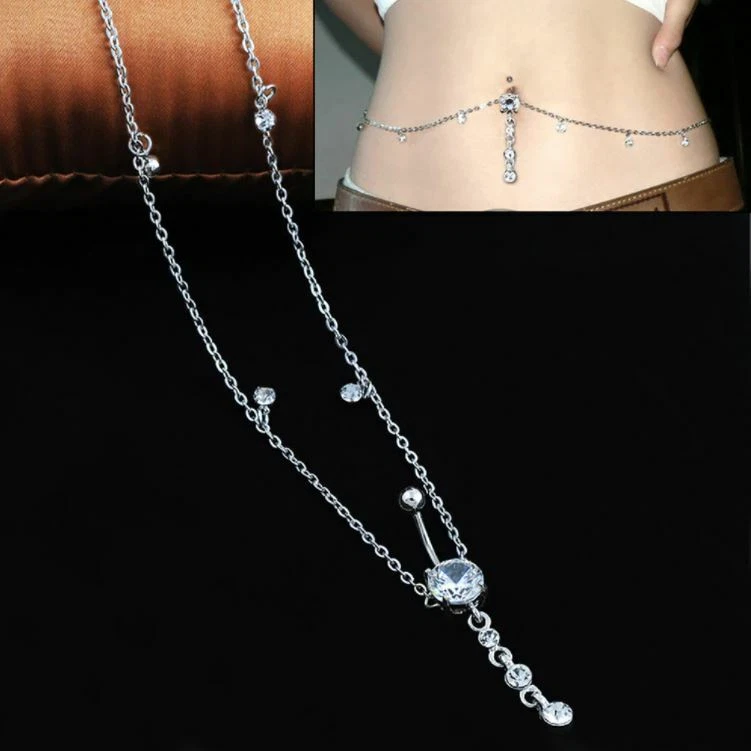 Women Sexy Rhinestone Dangle Belly Button Ring w/ Waist Chain Crystal Drop - Image 2 of 4