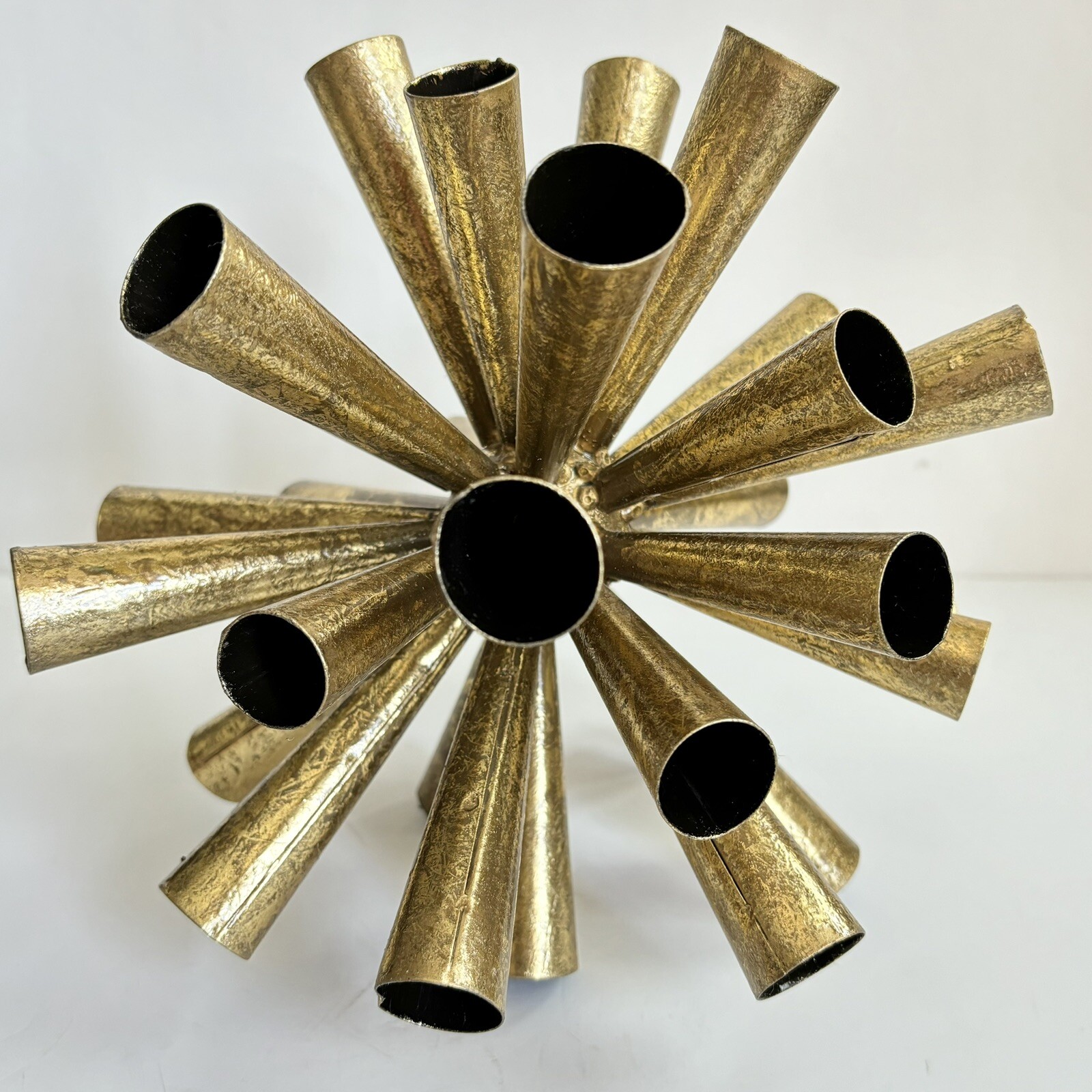 2 Metal Starburst Sputnik Style Tube Sculptures 10” And 8” Gold Tone Vintage