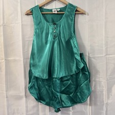 Adam Eve vintage 90s Green Satin Pajama Shorts Set Pjs Slit In Side Shorts