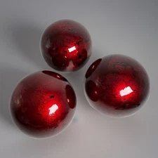 Set Of 3 Red Metallic Glazed Ceramic Decorative Balls Centerpiece Orb Modern 4"