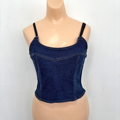 #ad Express Bleus Denim Crop Tank Top Small Corset Country Farm Girl Western Prairie $28.99