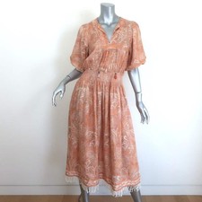 Zimmermann Brighton Fringed Hem Midi Dress Orange Paisley Print Linen Size 1