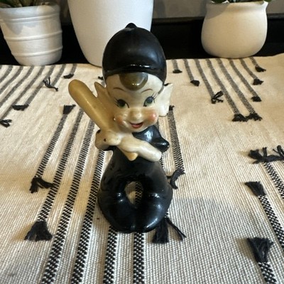 VTG Porcelain PIXIE ELF Baseball Player Bat Figurine Black Japan 4 