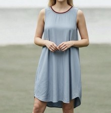 HEM & THREAD | Blue Chambray Sleeveless A-Line Dress Small Red Stripe Neck NEW