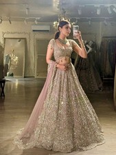 Elegantly Embroidered Rose Gold Net Lehenga Choli Set