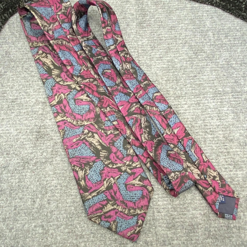 Enzo Brunatti 真丝领带粉色蓝色抽象印花领带美国制造 3.75 x 59 — 第 2/4 张图片