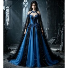Dark Gothic Bridal Gown Black Blue Ombre Tulle Off Shoulder Embroidery Dress