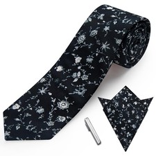 Cotton Floral Tie for Men 2.5" Printed Skinny Necktie Pocket Square Tie Clip Set