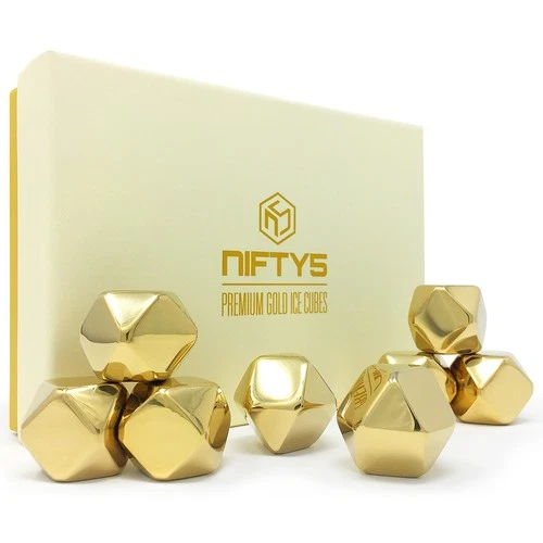 Whiskey Stones Gold Edition Gift Set of 8 Stainless Steel Diamond Shaped Meta...