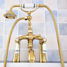 Gold Color Brass Deck Mount Bathroom Tub Clawfoot Faucet W/ Hand Shower Sprayer