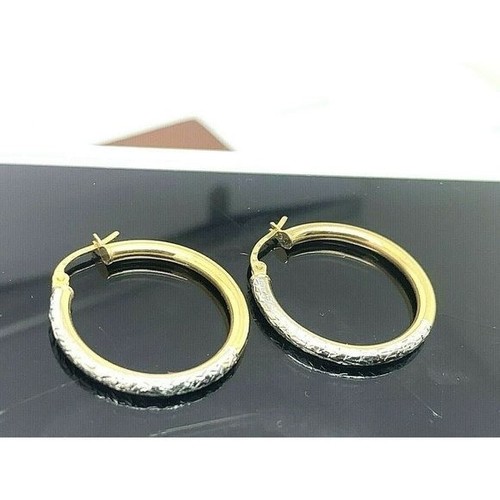 Hoops Earrings 10k Gold Two Tone 25mm Women's Dangle 2.5mm Wide Lightweight - Picture 5 of 12