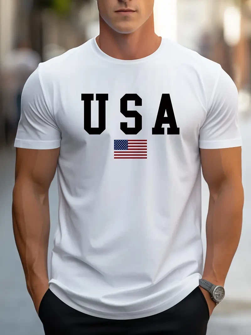 Stylish USA Mens Crew Neck T-Shirt Patriotic Print Short Sleeve Breathable White