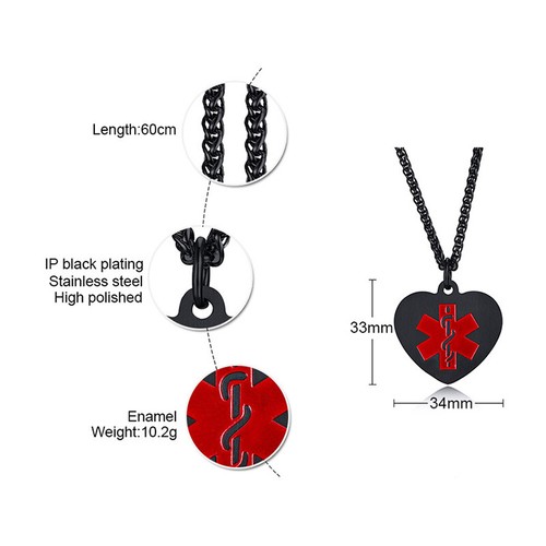 Man Women Heart Medical Alert Necklace Pendant Stainless Steel Laser Engraving - Picture 17 of 36