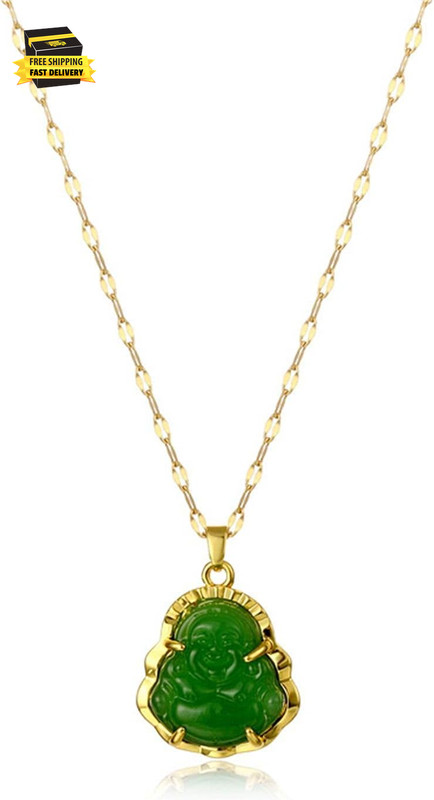 Gold Plated Laughing Buddha Pendant Necklace Green Jade Buddha Necklace Amulet - Product main view