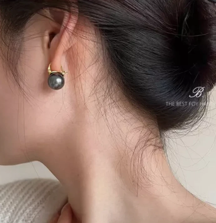 Enormes Pendientes AAA 14MM PERFECTOS Negro Mar del Sur Redondo Perla 14K ORO MARCADO Foto 4 de 4