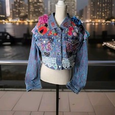 Lipsy Hand Embellished Blue Jean Jacket Size 2x Art Floral