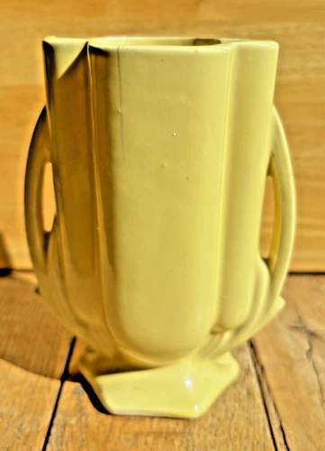 Vtg McCoy Pottery Double Handled Fluted Shape Yellow Vase Art Deco Modern 40's