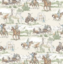 50cm Dekostoff 100% Baumwolle Cowboys auf beige Wilder Westen Pferde Indianer