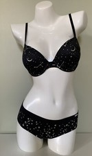 NEW Victoria's Secret PINK Push Up Bra 32C  S Panty Set Black Stars