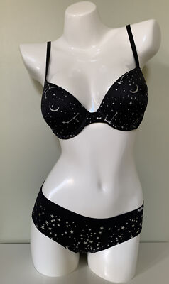 NEW Victoria's Secret PINK Push Up Bra 32C & S Panty Set Black Stars
