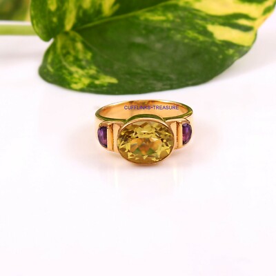 Natural Lemon Quartz & Amethyst Stones 925 Sterling Silver Gold Plated Ring #899