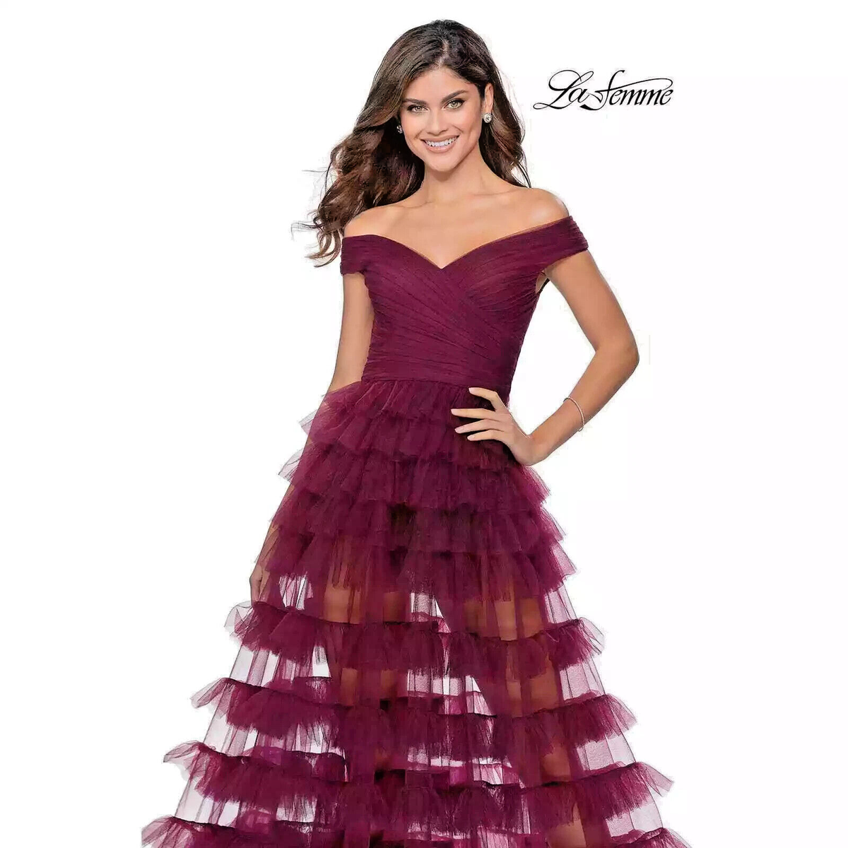 La Femme Sheer Layered Tulle Off the Shoulder Gown Dress Sz 8 C