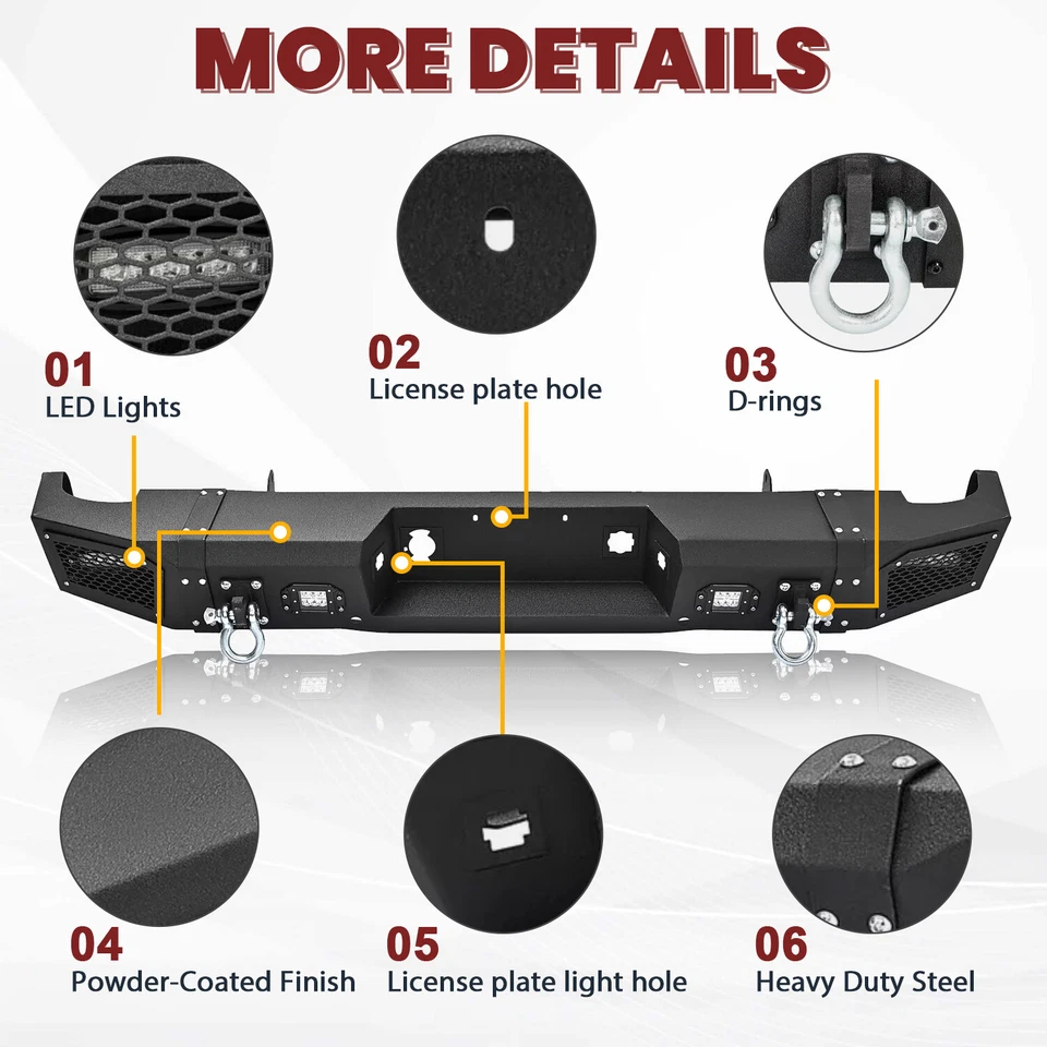 For 2011-2014 Chevy Silverado 2500 3500 HD &GMC Rear Bumper W/LED Lights&D-Rings - Image 2 of 4