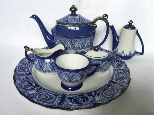 BOMBAY China Cobalt Blue & Silver Selfish Porcelain Tea or COFFEE SERVICE - Picture 1 of 10