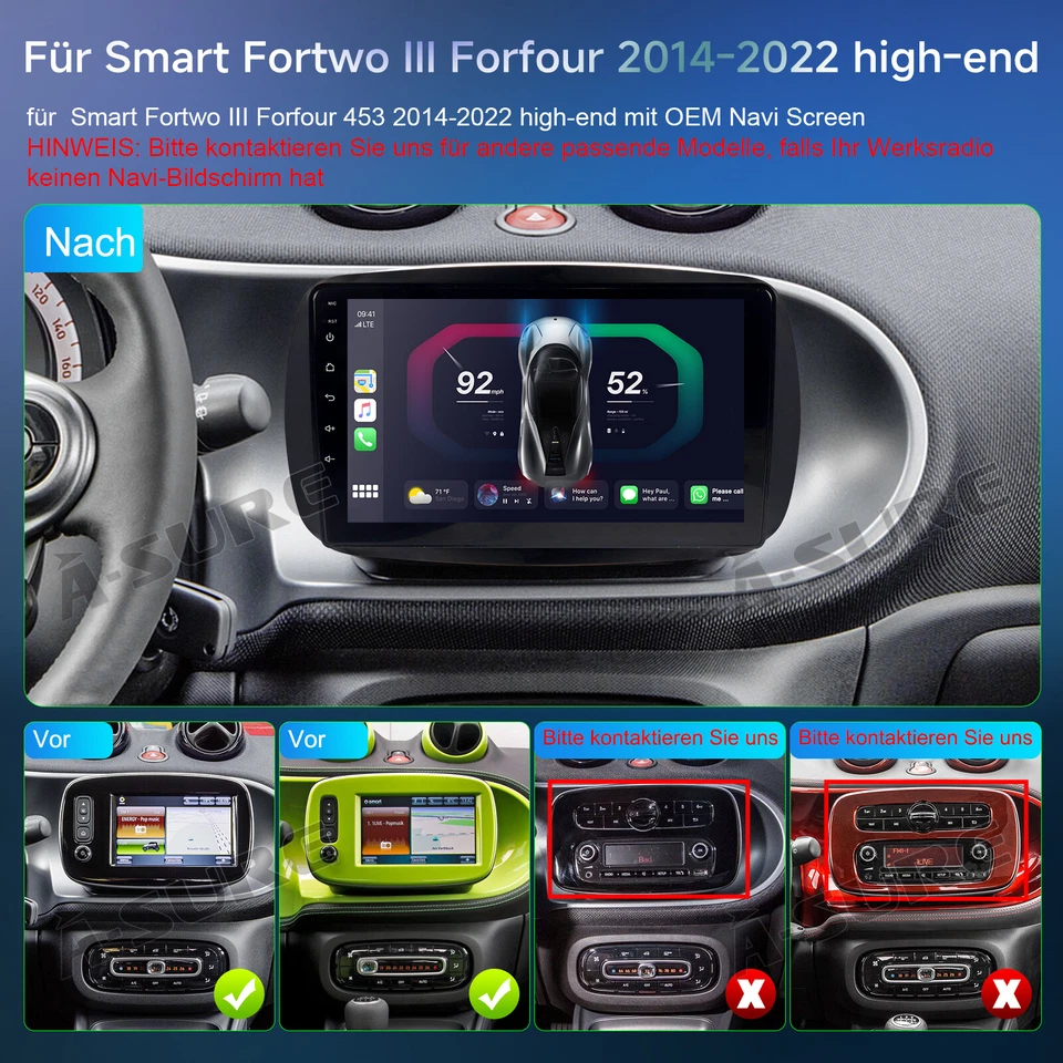 9" 4+64G Android 14 Autoradio Navi GPS BT Carplay Für Smart Fortwo Forfour 453 - Bild 3 von 4