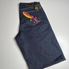 Rocawear Mens Raw Blue Denim Shorts Custom Fit Metallic Thread Y2K Baggy 34 NEW