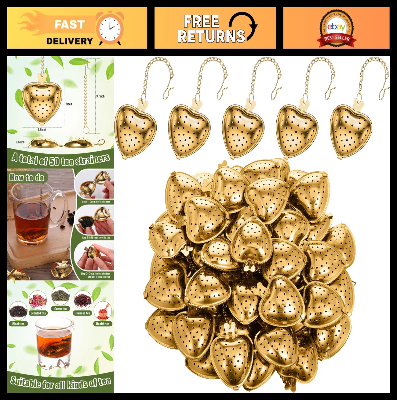 100 Pcs Stainless Steel Tea Ball Infuser - Heart Shape Loose Leaf Steeper, Gold