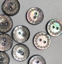 Vintage Etched Floral 9 x Button 15mm MOP Smoke Grey Abalone Akoya Shell Carved