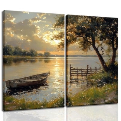 2Pcs Framed Fall Landscape Canvas Wall Art, Lake Boat Forest Art Prints, Autu...