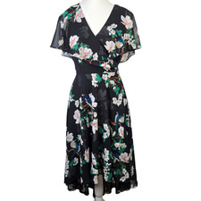 Eliza J Dress Womens 2 Black Floral Bird Print Wrap Chiffon Midi Fit Flare