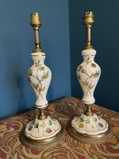 2 Italian Floral Porcelain Lamps 60s Gilded Brass Mid Century Capodimonte Style