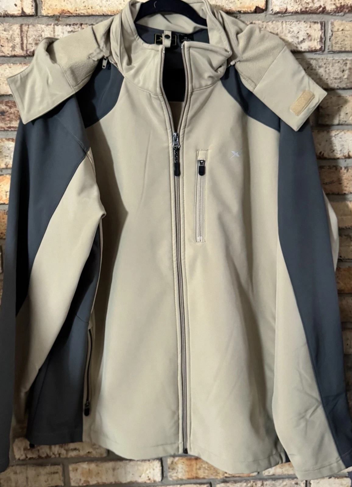 Extreme hooded full zip mid-length jacket zipper accents beige gray XL men