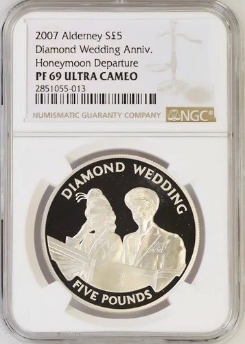 TOP POP - 2007 Alderney Silver £5 Diamond Wedding Honeymoon Departure NGC PF69