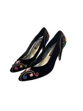 Vtg 80s 90s J. Renee Black Suede Embroidered Jeweled Stiletto Pointed toe Sz 8.5