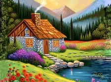 8x10 PRIMITIVE FOLK ART LANDSCAPE PAINTING “MOUNTAIN LAKE CABIN” Signed Print