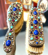 European 1920s Ornate Filagree Vanity Hair Valet Brush w/ Real Jewels NICE