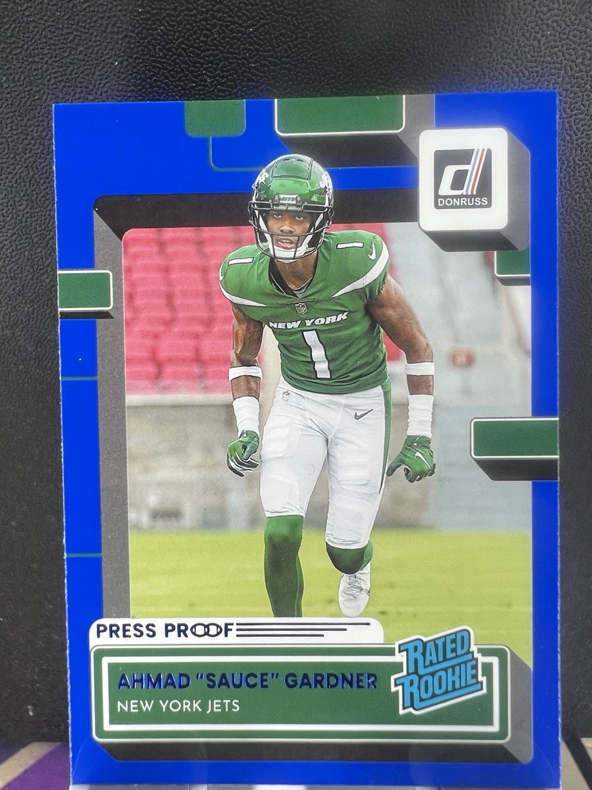 2022 Panini Donruss Rated Rookie Ahmad “Sauce” Gardner #328 Blue Press Proof