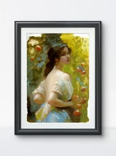 Original Oil Painting 8.3 × 11.7  Paper Woman with Apples Romantic Portrait