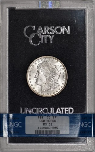 1891-CC Morgan Silver Dollar $1 GSA Hoard NGC MS62 w/ Box and Cert
