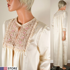    BARBIZON Vintage Ivory Robe House Coat Silky Satin Embroidered Bib Lace M NWT