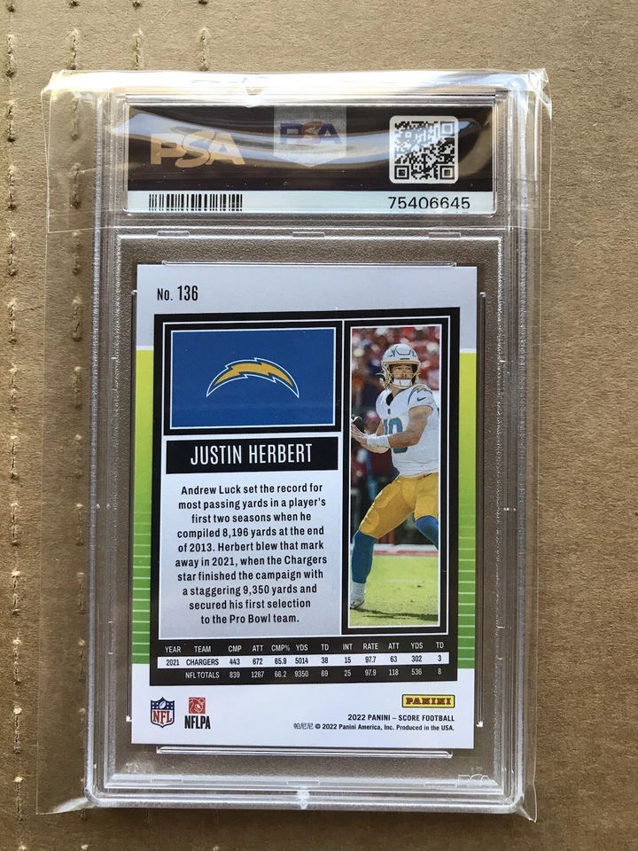 2022 Score Panini Justin Herbert Purple Cubic /299 PSA 10 Gem Mint  #￼ 136  - Image 2 of 4