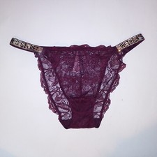 Victoria Secret Panty Bikini Large Burgundy Shine Strap Logo Rhinestone Bling