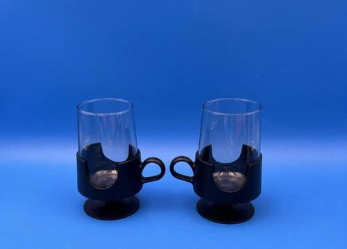 2 Vintage Black Plastic Holder Cup Glasses Glas-Snap by Corning Mugs Hot Cold