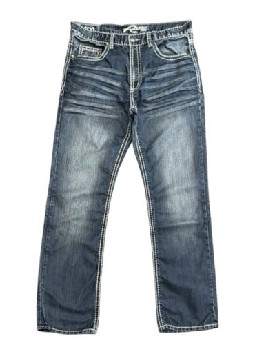 Request Y2K Relaxed Straight Distressed Embroidered Blue Denim Men's Jeans 34x34 - Picture 3 of 13